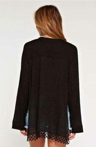 Cassandra collarless black top with bell sleeves - boho chic resort style blouse