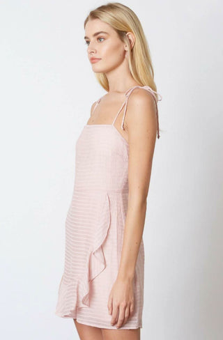 Pink graduation mini dress with self tie straps - side view