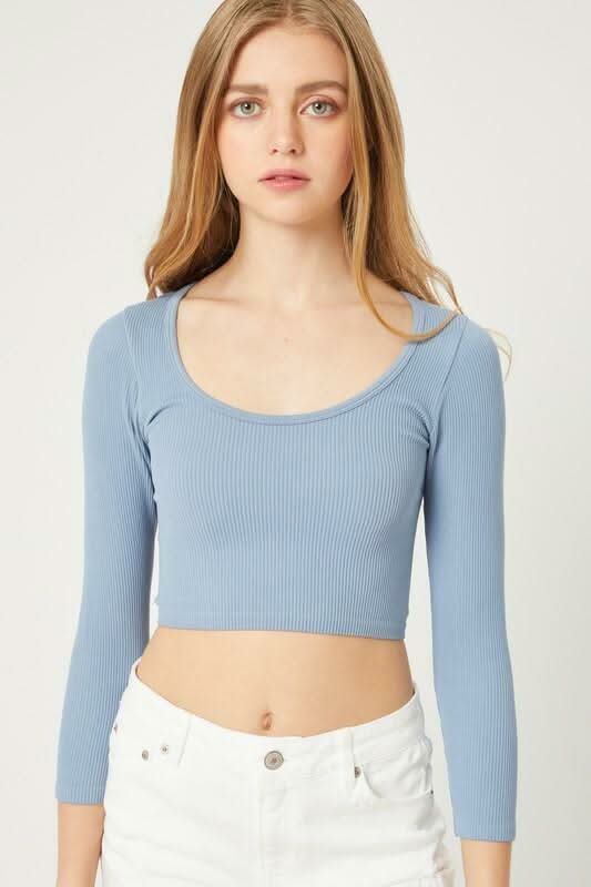 Blue Ribbed Three-Quarter Sleeve Crop Top 