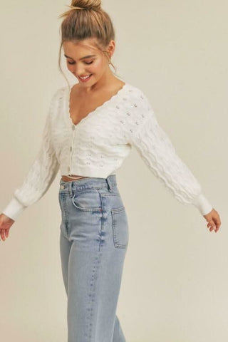 Lush White Pointelle Knit Cropped Cardigan Sweater - Side Angle