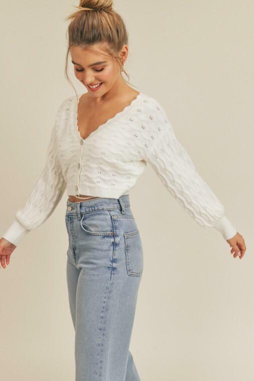 White Pointelle Knit Cropped Cardigan 