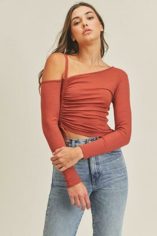 Lush Angie Mahogany One Shoulder Ruched Crop Top -  BohoPink