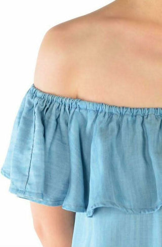 Close-up of the soft 100% Lyocell chambray fabric and ruffle overlay detail