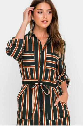 Laura Navy and Rust Striped Midi Shirt Dress - Close-Up View