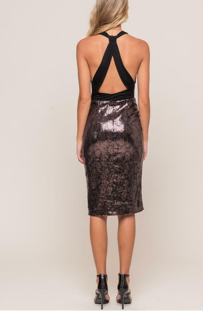 Brown and Black Snake Sequin Midi Skirt
