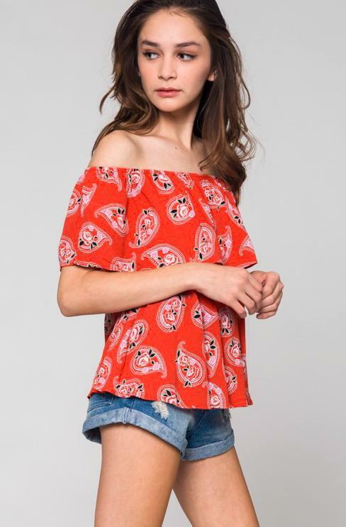Red Off-the-Shoulder Paisley Top
