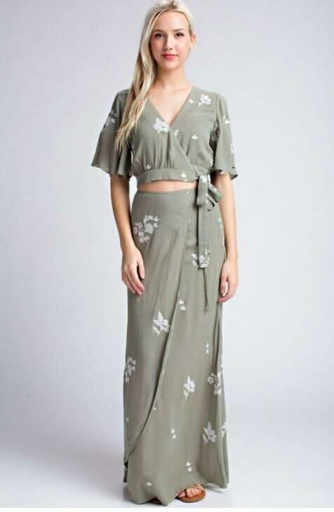Sage Embroidered Floral Two-Piece Maxi Dress | Boho Pink Sage Embroidered Floral Two-Piece Maxi Dress | Boho Pink