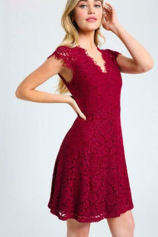 Selma Burgundy Lace Skater Dress front angle vie