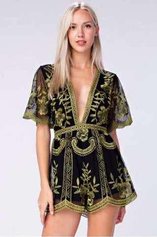 The Endless Lace Black and Gold Deep V Romper from our lace rompers collection