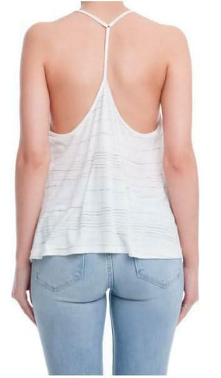 Back of the striped tank top showing the dual spaghetti straps forming a T-back design.