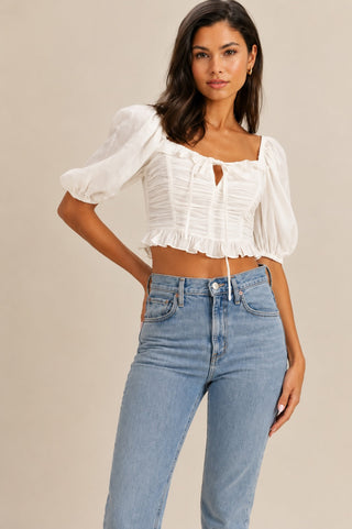 Kimberly White Square Neck Puff Sleeve Crop Top - Front View