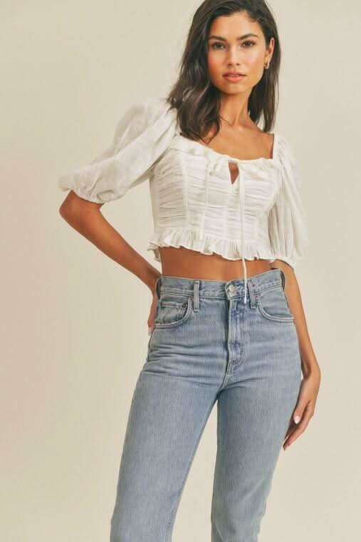 Kimberly White Square Neck Puff Sleeve Crop Top -  BohoPink