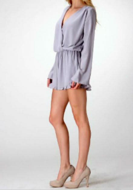 Lola Grey Bell Sleeve Surplice Romper -  BohoPink