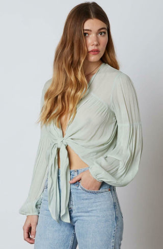 Gia Sage Long Sleeve Tie-Front Crop Top -  BohoPink