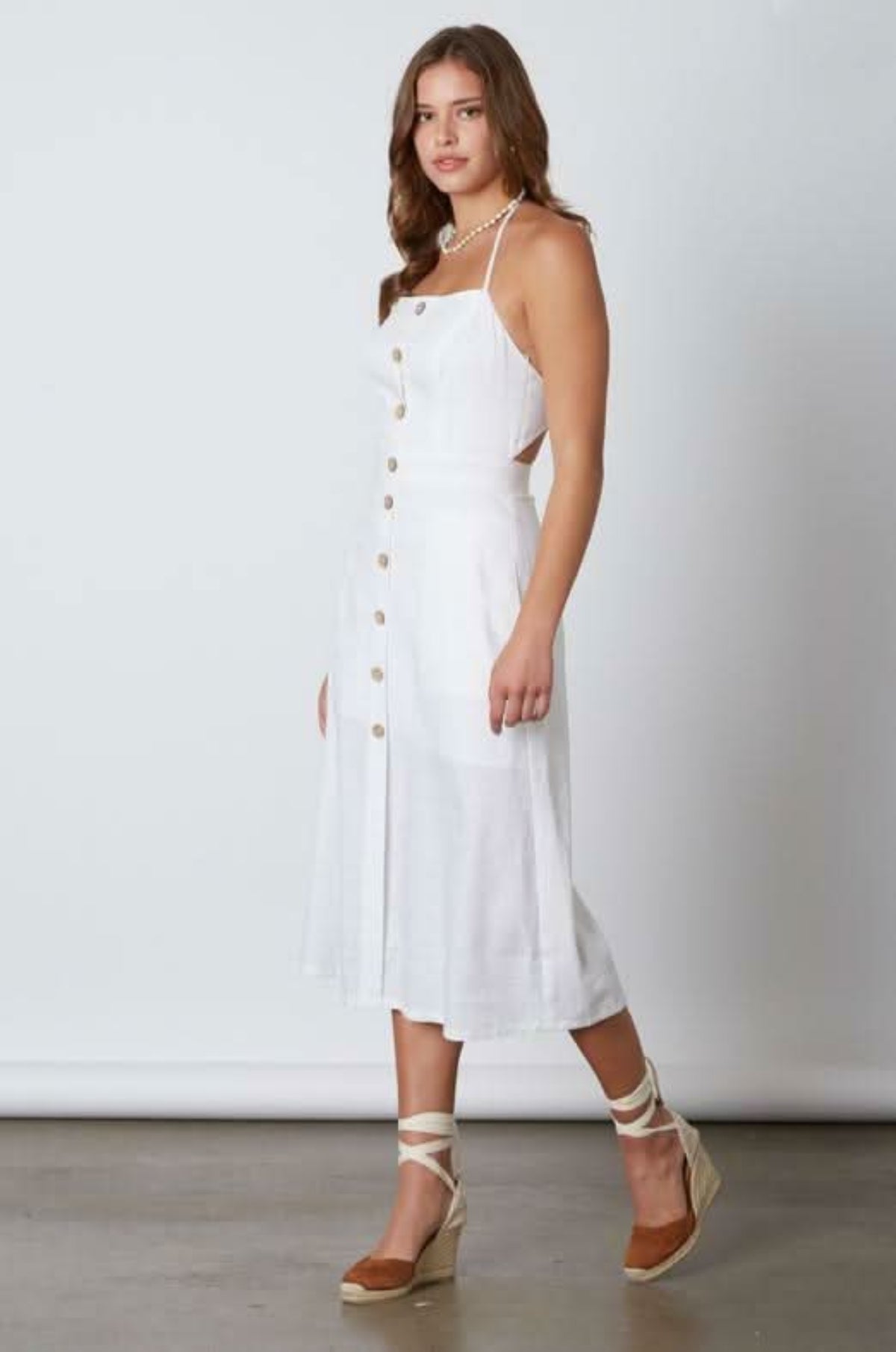 Cotton Candy LA Parga White Tie-Back Midi Dress - Size S - Button Placket - Adjustable Straps - Backless Bodice - Rayon/Poly/Linen Cotton Candy LA Parga White Tie-Back Midi Dress - Size S - Button Placket - Adjustable Straps - Backless Bodice - Rayon/Poly/Linen