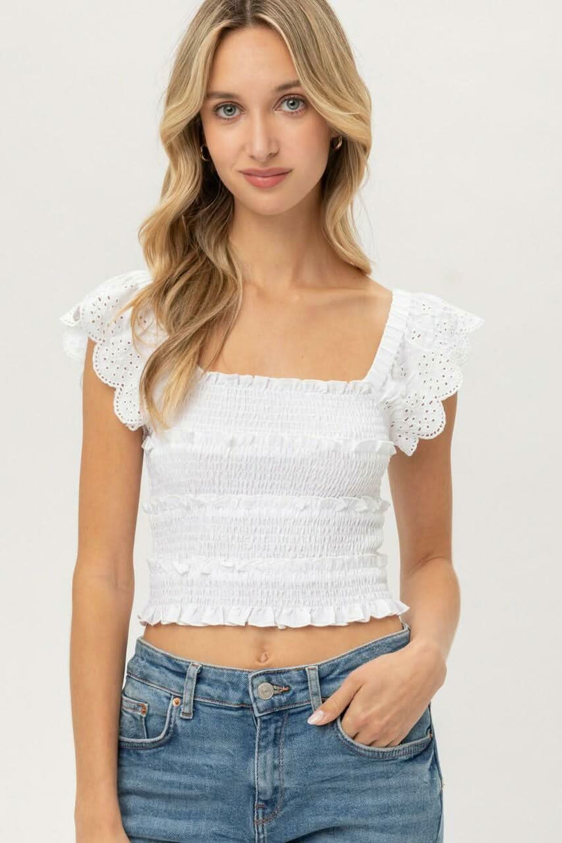 White Ruffle Sleeve Crop Top