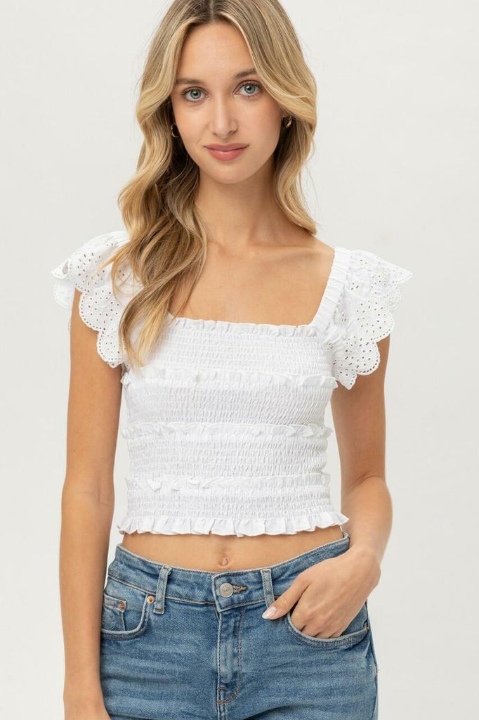 White Smocked Cropped Tops