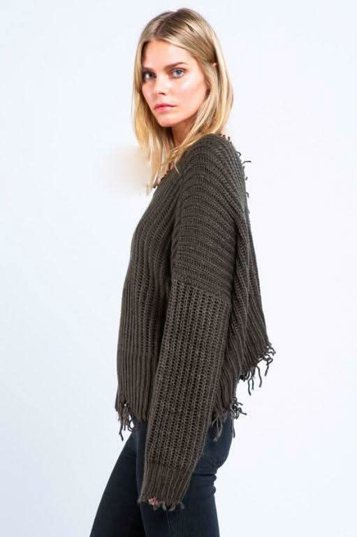 Lexi Olive Green Ripped Sweater -  BohoPink
