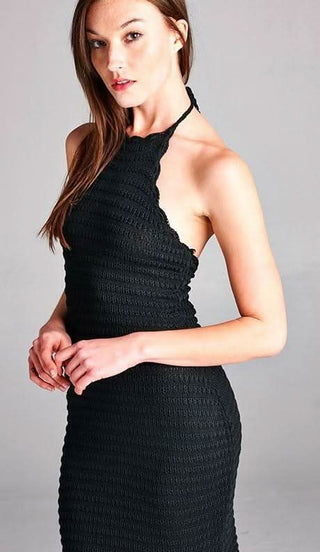 Wanderous Black Crochet Halter Dress - Detailed View