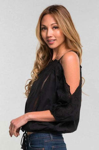 Women's black eyelet lace cold shoulder top - bohemian romantic blouse
