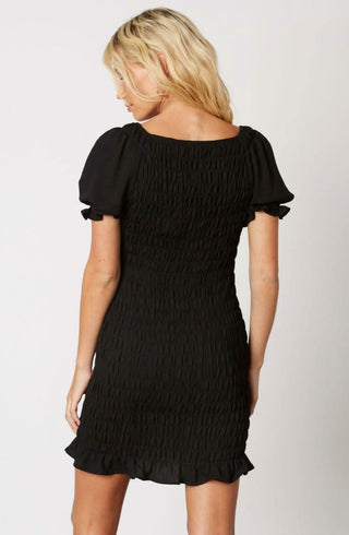Black bodycon mini dress with puff sleeves - back view
