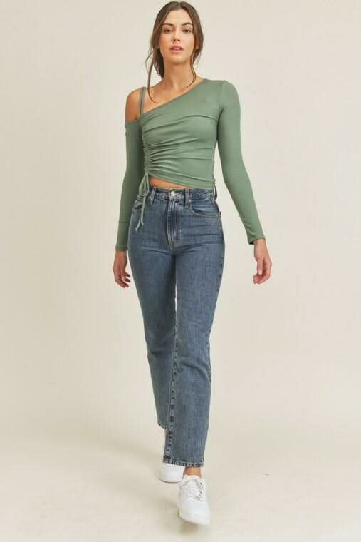 Lush Angie Olive One Shoulder Ruched Crop Top -  BohoPink