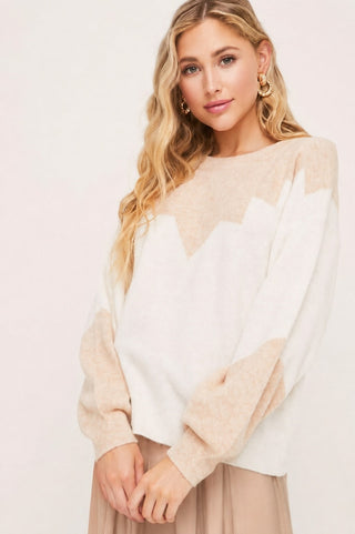Just in Time Ivory and Blush Colorblock Crew Neck Sweater - Front View