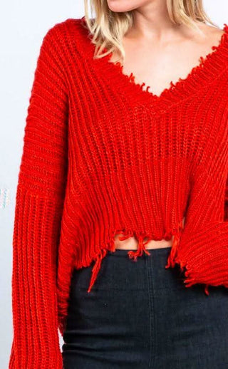 Lexi Red Ripped Sweater - Detailed View