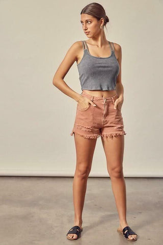 Clay Red Distressed Denim Shorts 