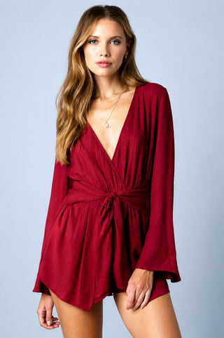 What If Red Long Sleeve Wrap Romper - Front View