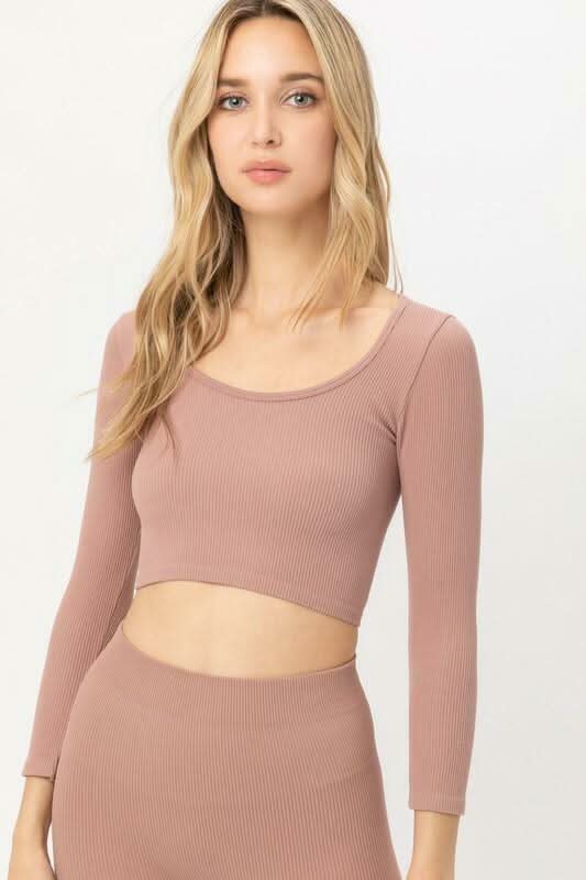 Mauve Ribbed Three-Quarter Sleeve Crop Top