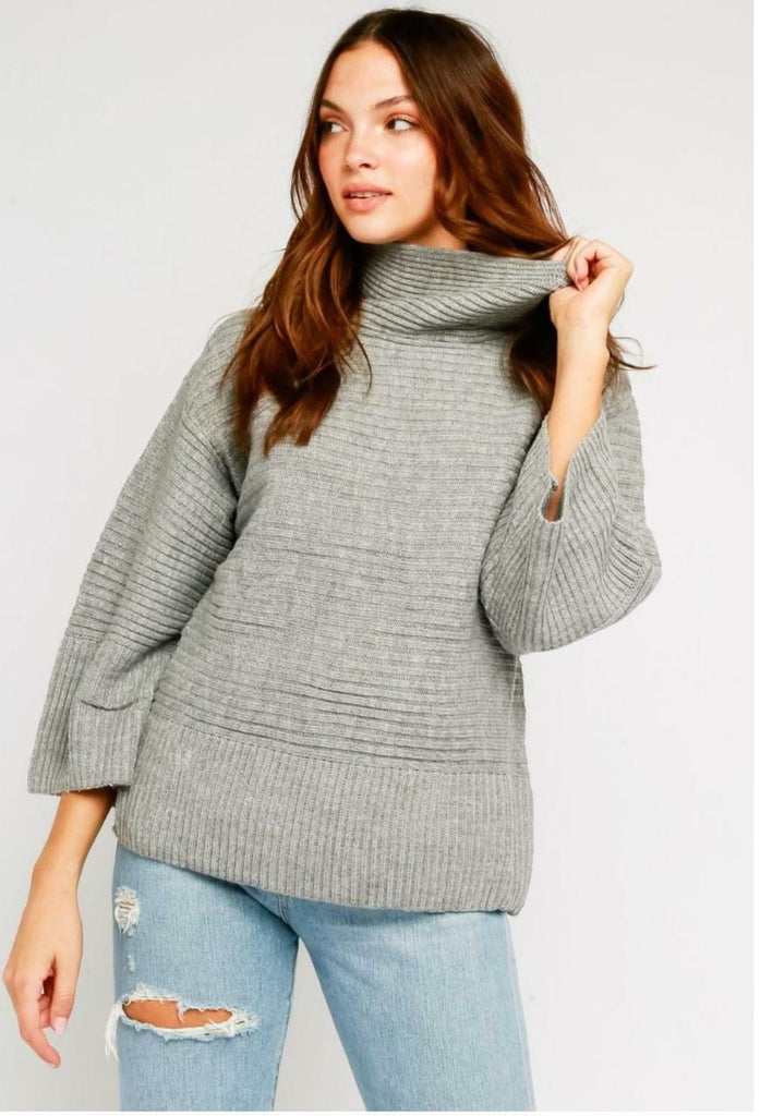 Grey Turtleneck Wide Sleeve Sweater