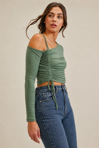 Lush Angie Olive One-Shoulder Ruched Crop Top - Side View