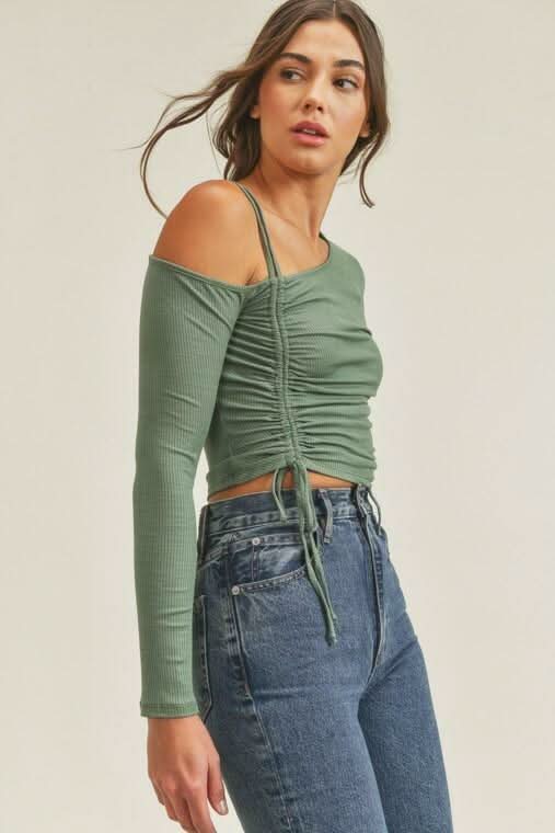 Lush Angie Olive One Shoulder Ruched Crop Top -  BohoPink
