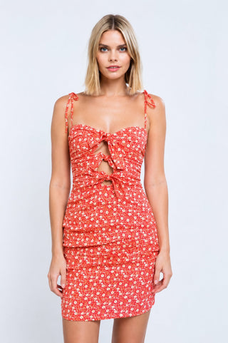 First Crush Red and White Floral Triple Tie Cami Dress - Bodycon Dress - Front View