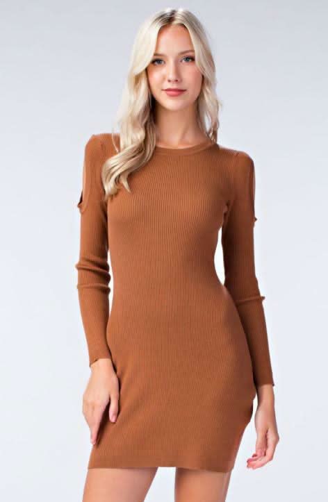 Camel Cold Shoulder Sweater Dress Ribbed Bodycon Mini by Honey Punch | Size M Camel Cold Shoulder Sweater Dress Ribbed Bodycon Mini by Honey Punch | Size M