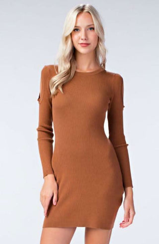 camel ribbed bodycon sweater dress front view