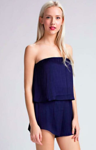 Gaea Navy Satin Strapless Romper side