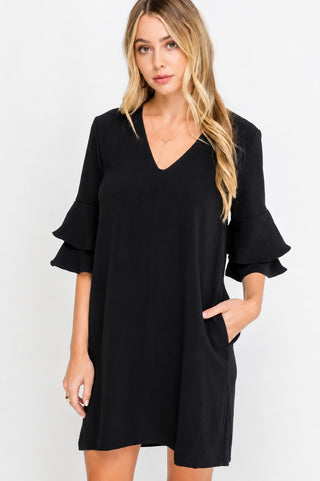 Jaqueline Black Ruffle Sleeve Shift Dress - Front View