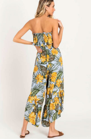 Plum Island Mustard Palm Print Strapless Culotte Jumpsuit - Back View