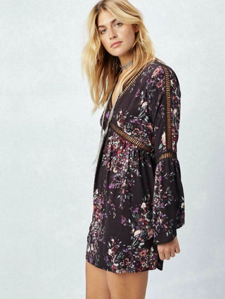 Plum floral print shift dress - Getting To Know You long sleeve bohemian dress by Lovestitch
