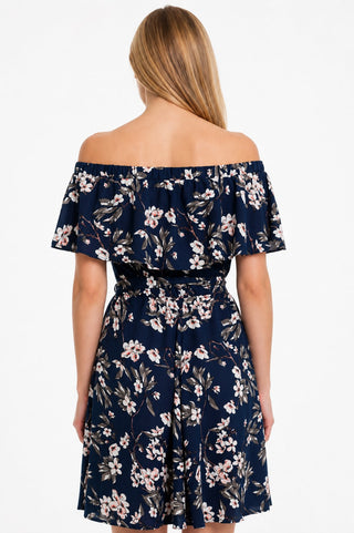 Bloom Zeal Navy Floral Print Off-The-Shoulder Ruffle Dress - Back View
