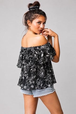 Perfect Harmony Black Floral Off-the-Shoulder Top - Back Angle View
