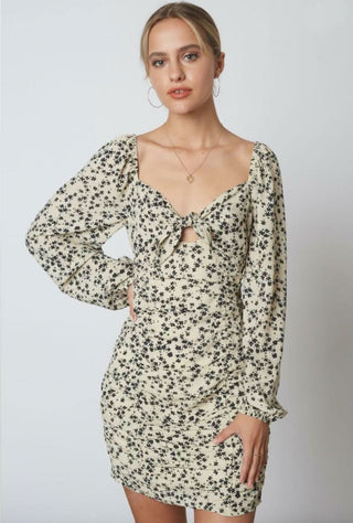 Ecru floral ruched long sleeve mini dress