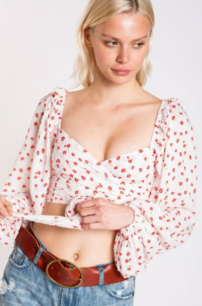 Signs Of Spring White And Red Floral Crop Top a long sleeve wrap crop top 