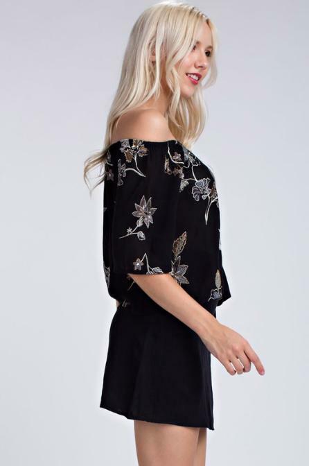 Black Embroidered Floral Off-the-Shoulder Top