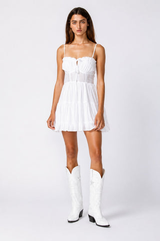 White bustier mini dress with cami straps and tiered ruffle skirt - Styled for sorority rush