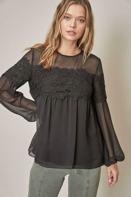 Black Lace Long Sleeve Babydoll Top