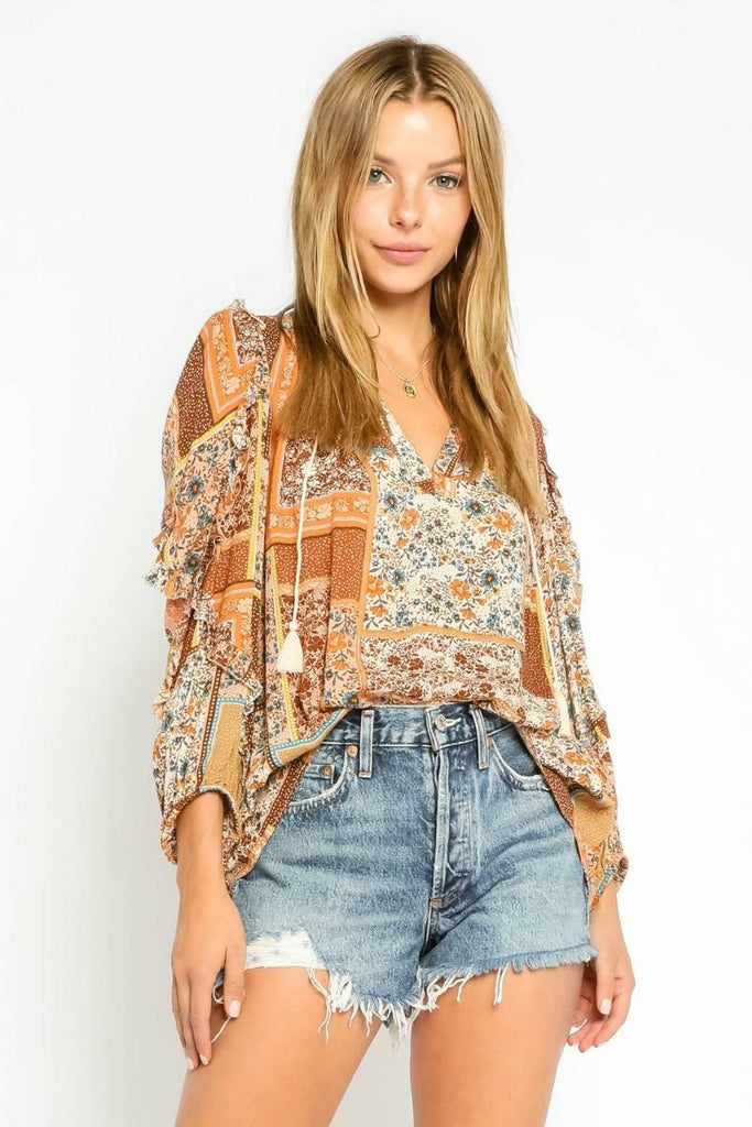 By Your Side Mustard Patchwork Print Top -  BohoPink
