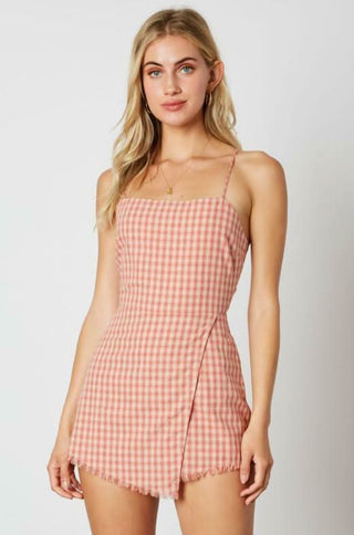 Dusty pink gingham tie back romper front view